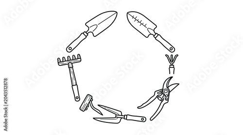 Foto A circular arrangement of various hand drawn gardening tools on a white background