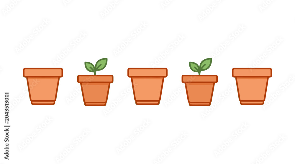 Obraz premium A row of five terracotta flower pots with two small green sprouts.