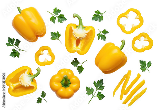 yellow bell peppers and slices on transparent background pepper parsley leaves vegetables food photography fresh