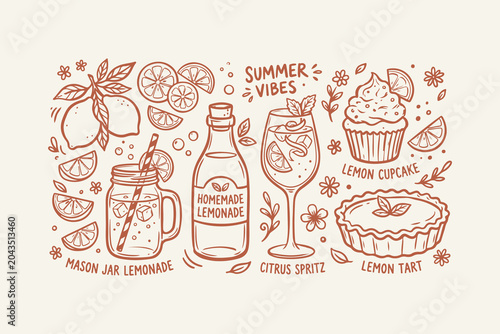 Hand drawn set of Lemonade Bottle with Mason Jar, Glass, Cupcake, and Pie, Surrounded by Citrus Fruits and Flowers, Evoking Summer Vibes with Labels for Homemade