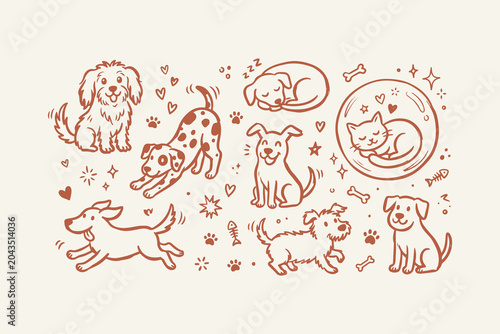 Cute cartoon dogs and cat set with various poses and activities in a hand drawn doodle style illustration collection Vector