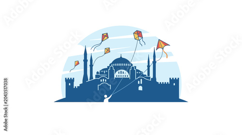 Canvastavla Blue silhouette of a mosque with colorful kites flying above it.