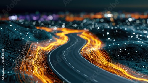 Winding road through futuristic digital landscape with glowing circuits