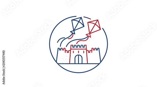 Bild auf Leinwand Minimalist line art illustration featuring a castle and two flying kites inside a circular frame