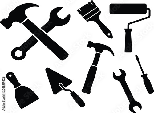 Obraz na płótnie Silhouette illustration of construction and repair hand tools including hammers,