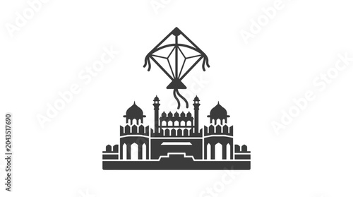Minimalist silhouette illustration of the Red Fort with a flying kite above.