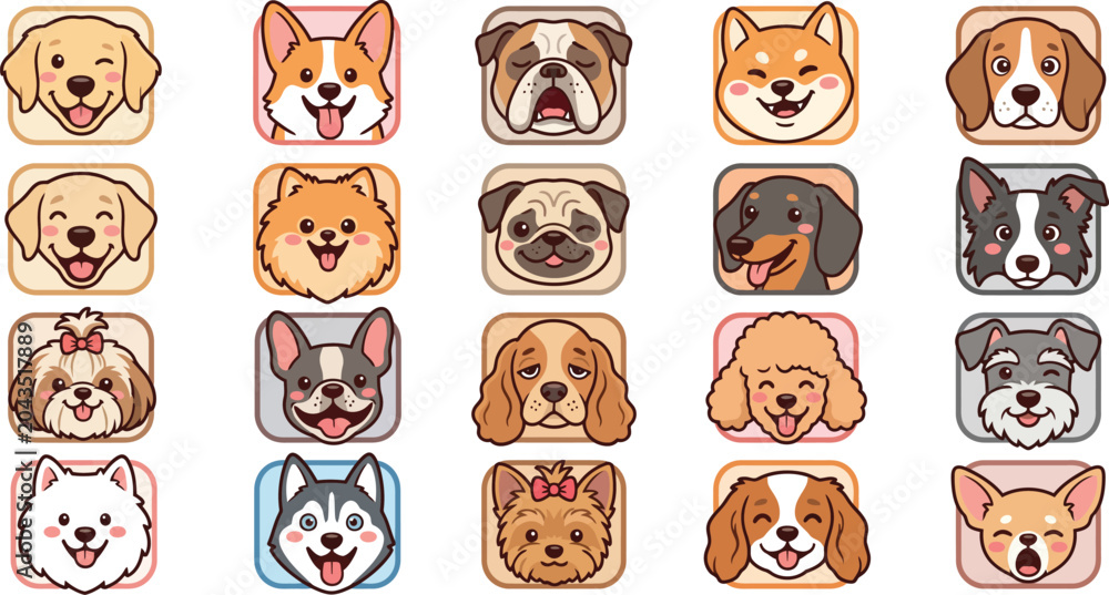 Fototapeta premium Large collection of cute dog breed avatar icons featuring various popular dog breeds in a flat cartoon style. Perfect for pet apps, veterinary branding, social media, stickers, and web design.