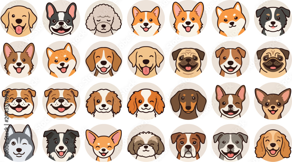 Fototapeta premium Modern collection of minimal dog avatar icons featuring various dog breeds with friendly expressions. Suitable for pet-related websites, mobile apps, veterinary services, and educational content.
