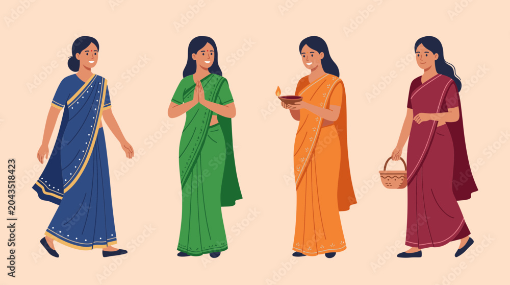 Fototapeta premium Indian women in colorful sarees celebrating diwali. Traditional Indian women wearing vibrant sarees for cultural festivals