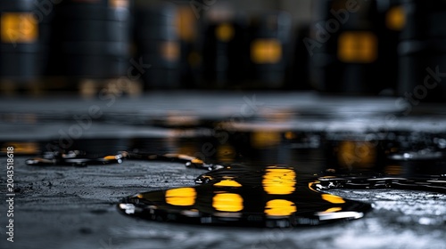 Dark, reflective liquid pools on concrete floor with stacked barrels