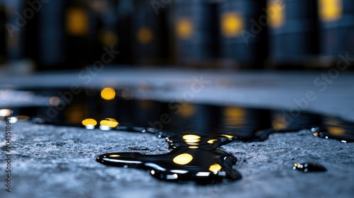 Oily puddle reflects industrial lights, near dark barrels in storage