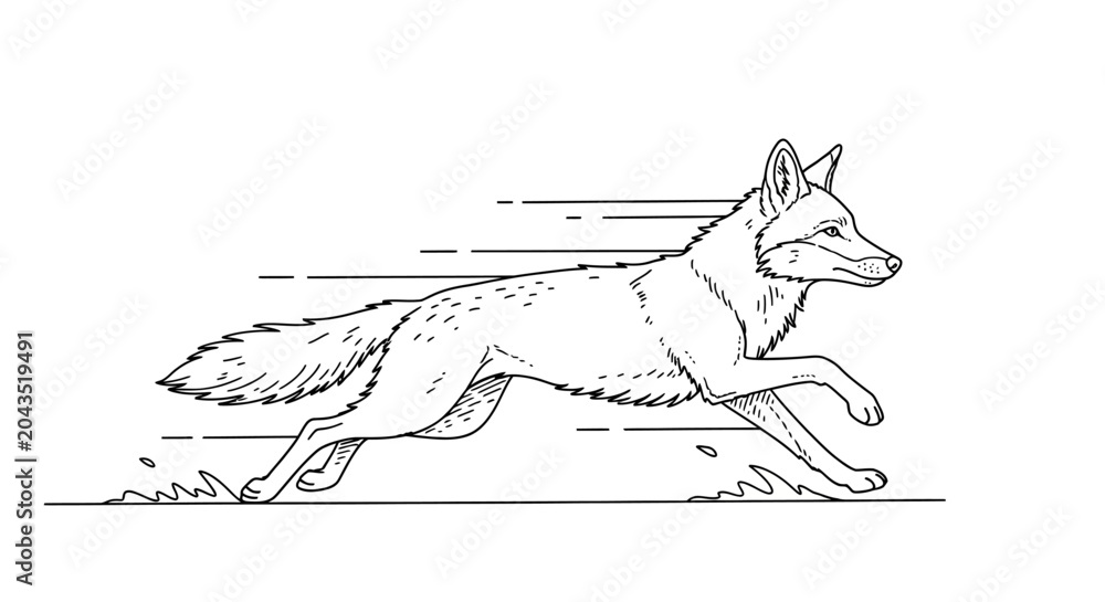Obraz premium Fast Running Coyote Line Art Illustration with Speed Motion Lines. Wild Dog Animal in Swift Action, Black and White Graphic.