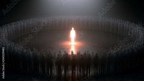 Glowing figure stands central, surrounded by an indistinct, shadowed circle of people
