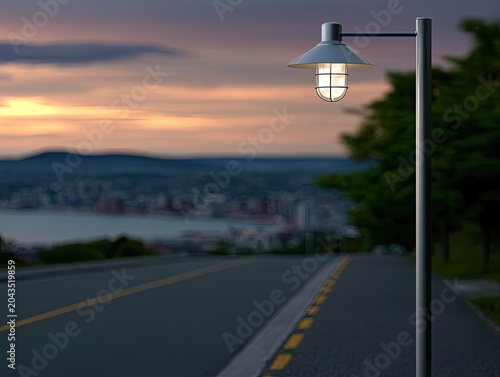 Illuminated lamp post on road overlooking city at dusk