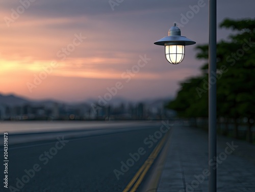 Illuminated streetlamp beside asphalt road and distant hazy city skyline at dusk