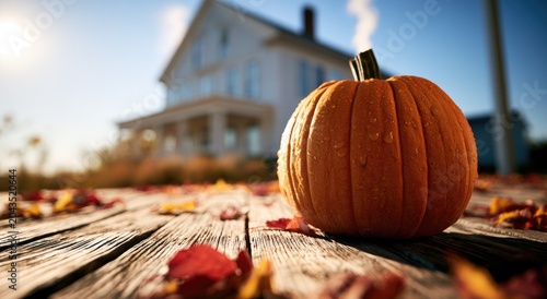 Ripe pumpkin rests on weathered planks amidst fallen leaves, a house in background