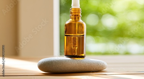 Amber glass dropper bottle with liquid on smooth stone, soft window light, blurred green bokeh