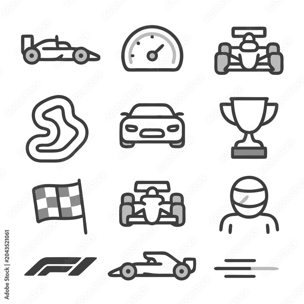 Naklejka premium F1 car vector icons with speedway trophies, checkered flags, and driver logos, perfect for racing event promotions and sportsthemed design projects.