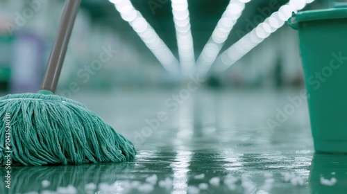 A close-up of a green mop and bucket on a wet, reflective floor