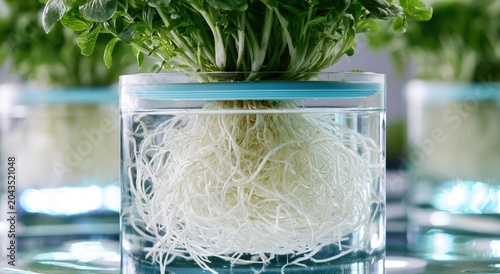 Hydroponic roots flourish in clear container, showcasing healthy, white strands