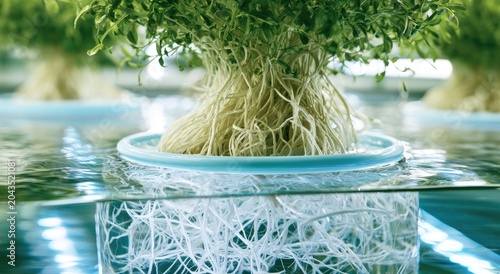Close-up of healthy plant roots suspended in water, above and below surface