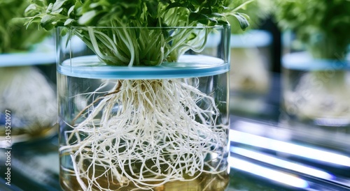 Close-up of lush green sprouts and white roots suspended in water