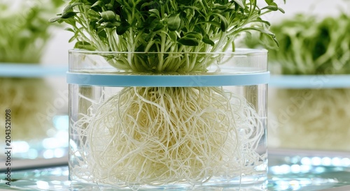 Young green shoots and vibrant white roots thrive in clear water, a testament to growth