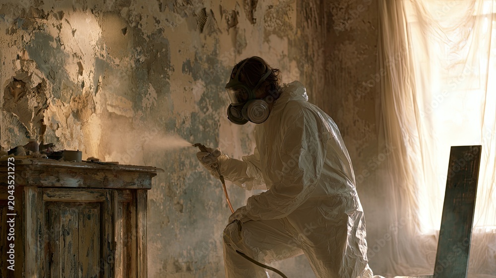 Fototapeta premium Person in hazmat suit sprays old furniture in dilapidated room