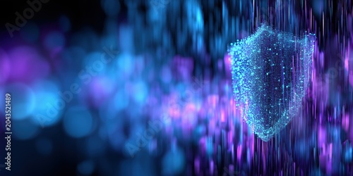Cybersecurity concept with glowing digital shield made of particles on abstract blue and purple data background. Network protection, data security, encryption and cyber defense. Banner with copy space