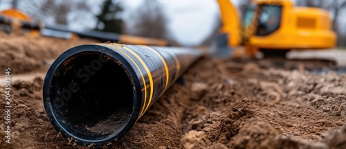 Underground heating pipeline installation in a construction trench with excavator in the background. Infrastructure development, utility engineering, district heating network, and energy distribution 