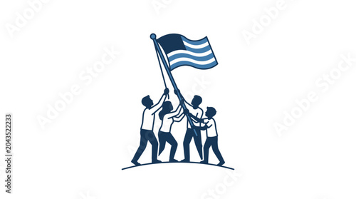 Fotografi A diverse group of people working together to raise a flag.