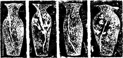 Abstract black and white vertical shapes with textured patterns and floral elements in rectangular frames