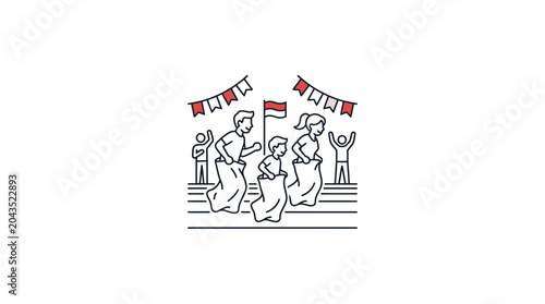 Line art illustration of people participating in a traditional Indonesian sack race competition.