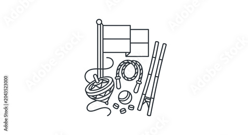 Line art illustration featuring traditional Indonesian children games and national flag.