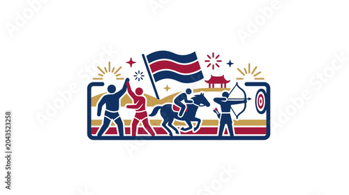 Illustration of traditional Korean sports featuring wrestling horse riding and archery with national flag.
