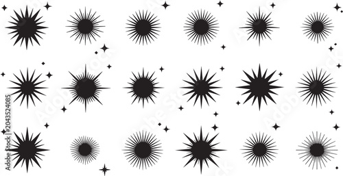 Quadro em tela Black starburst shapes with spiky lines and sparkles on white background