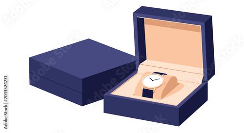 Tableau sur toile Luxury wristwatch in open navy blue gift box, isolated on white background