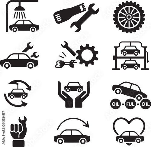 Billede på lærred Vehicle, service icon collection with spring suspension symbols, directional arr