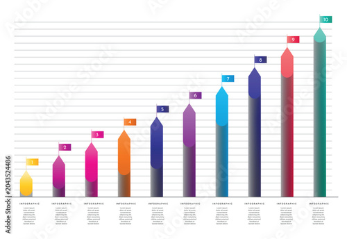 Ten Step Growth Chart Infographic Template. Colorful ten step growth chart infographic with rising bars, numbers, grid lines, and text sections.