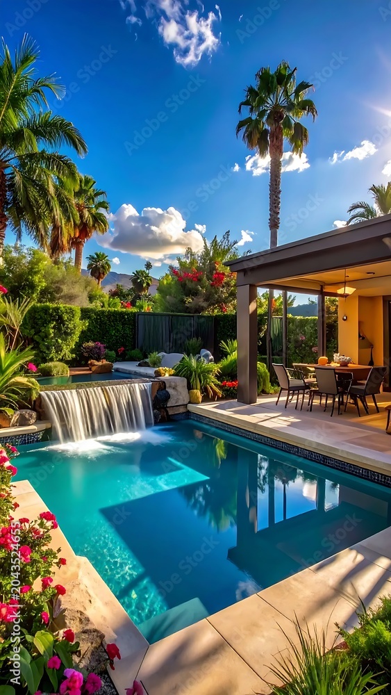 Fototapeta premium Luxurious Backyard Pool with Waterfall in Tropical Modern Villa Garden