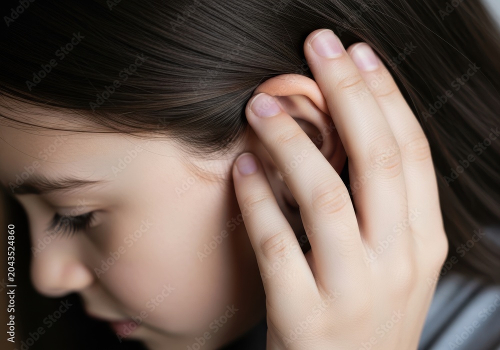 Fototapeta premium Closeup of a young girl touching her ear, suggesting ear pain or discomfort, studio lighting