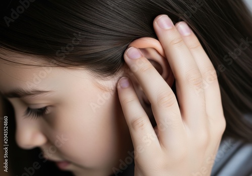 Closeup of a young girl touching her ear, suggesting ear pain or discomfort, studio lighting