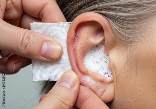 Closeup of a person cleaning a human ear with a piece of gauze and foam, medical hygiene and ear care procedure