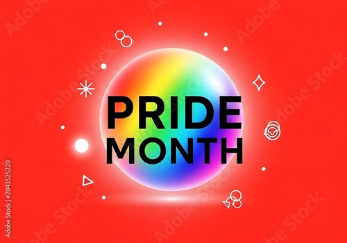 Pride month celebration graphic with rainbow sphere on red background
