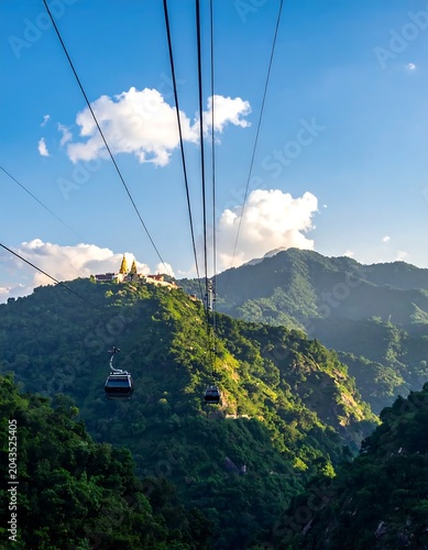 Scenic Cable Car Gliding Above Lush Mountain Valley Under Blue Sky
