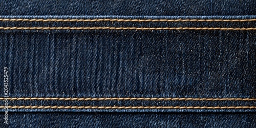 Dark blue denim fabric with parallel golden-brown stitching