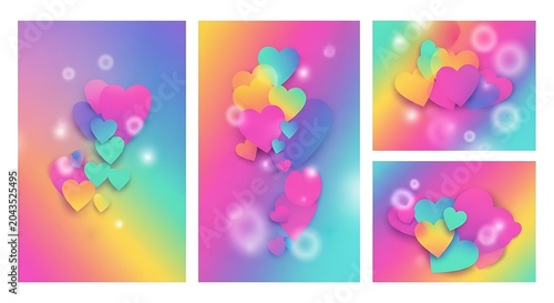 Set of colorful heartshaped backgrounds with vibrant gradient and bokeh