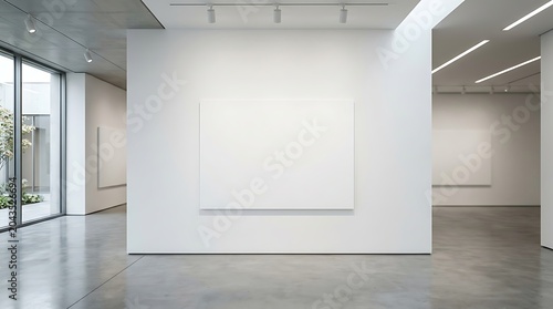 A minimalist art gallery interior with a large blank white canvas mounted on a central wall, illuminated by track lighting and natural light from large windows.