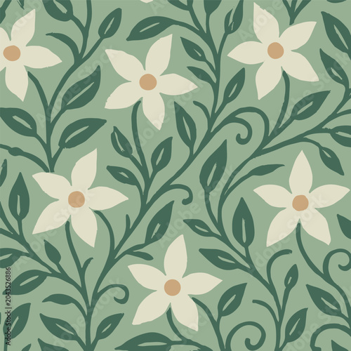 Seamless vector pattern with trailing hand drawn white leafy vines. Great for textile, packaging