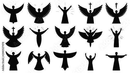 Schilderij op canvas Angel silhouette collection in various poses with wings spread and arms raised for worship